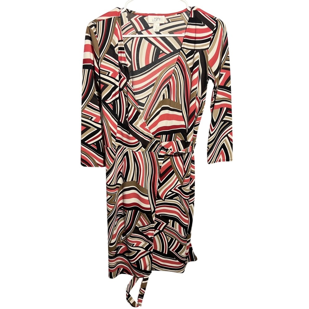 LOFT Ann Taylor Women's Size 2 Geometric Wrap Dress Red Black Brown White Tie